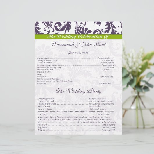 Programma Lapis Paars en Apple Green Damask Weddin (Staand voorkant)