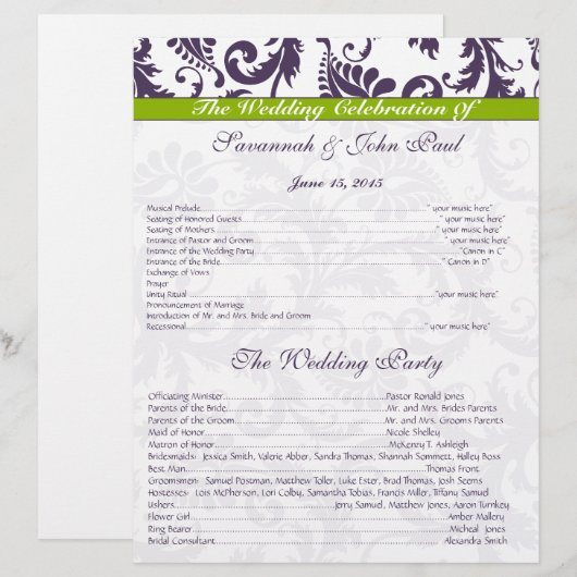 Programma Lapis Paars en Apple Green Damask Weddin (Voorkant / Achterkant)
