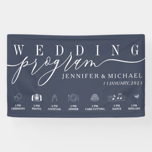 Programma Navy Blue Wedding Party Spandoek (Horizontaal)