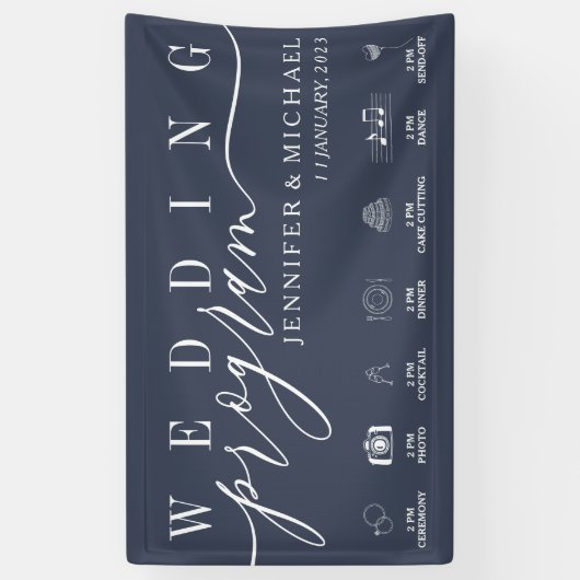 Programma Navy Blue Wedding Party Spandoek (Verticaal)