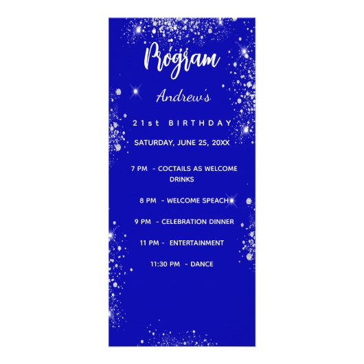 Programma party diner menu koninklijk blauw zilver (Voorkant)