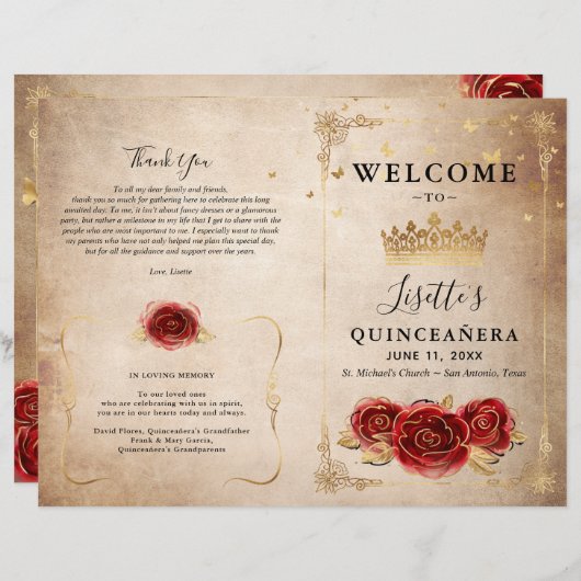  programma Red Rose en Gold Quinceanera (Voorkant / Achterkant)
