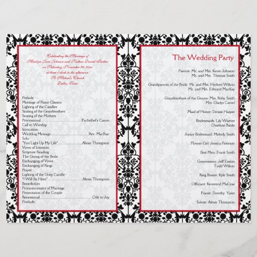 Programma Rood, Zwart en Witte Damask Wedding (Achterkant)