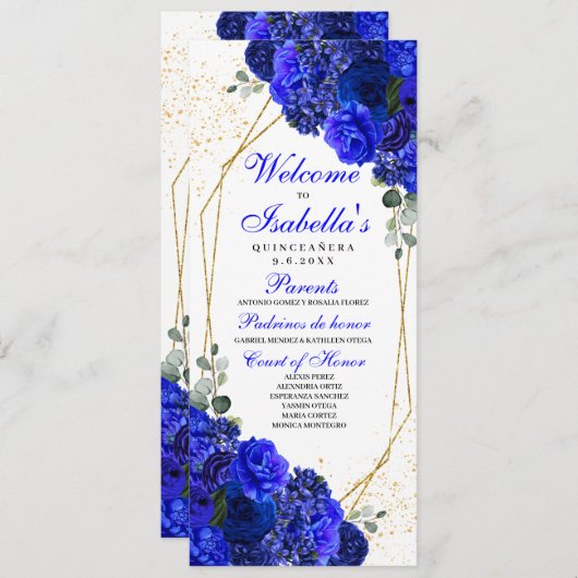 Programma Royal Blue en Gold Floral Quinceanera (Voorkant / Achterkant)