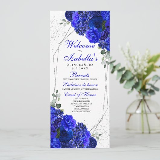 Programma Royal Blue en Silver Floral Quinceanera (Staand voorkant)
