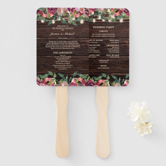 Programma Rustic String Lights Burgundy Floral Handwaaier (Voorkant en achterkant)