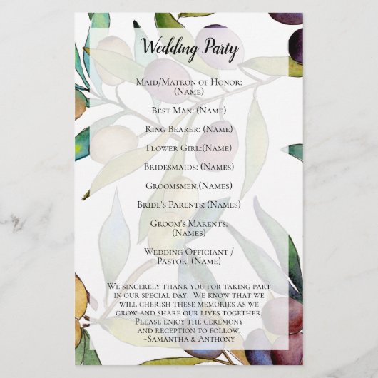 Programma Savory Olive Tuscan Waterverf Wedding Pr (Achterkant)