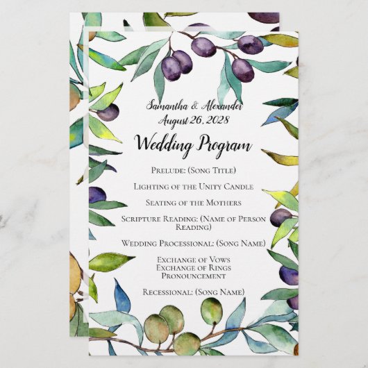 Programma Savory Olive Tuscan Waterverf Wedding Pr (Voorkant / Achterkant)