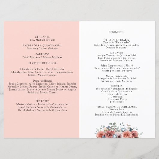 Programma Spaans, Blush en Blue Floral Quinceanera (Achterkant)