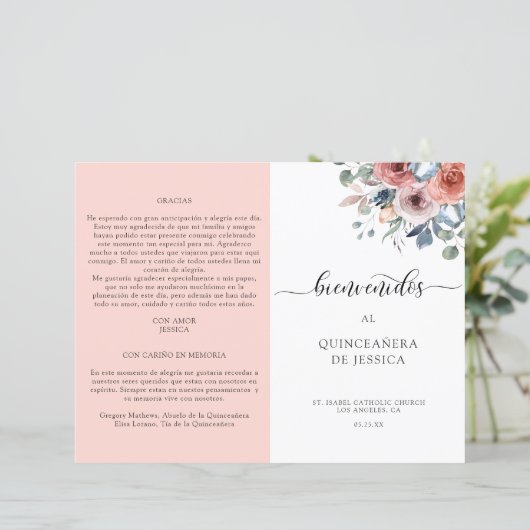 Programma Spaans, Blush en Blue Floral Quinceanera (Staand voorkant)