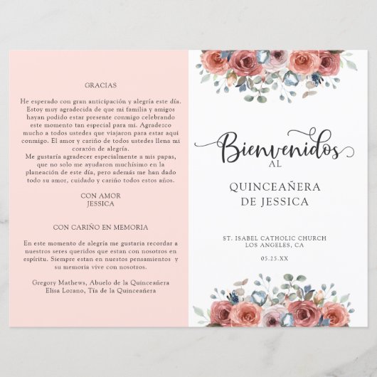 Programma Spaans, Blush en Blue Floral Quinceanera (Voorkant)