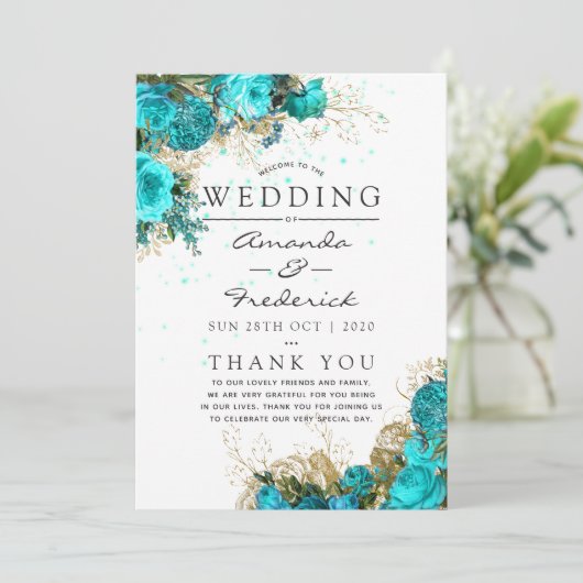  programma Turquoise en Gold Shabby Wedding Programmakaart (Staand voorkant)