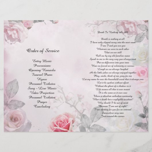 Programma van de begrafenis van de roze roze rozen flyer (Achterkant)