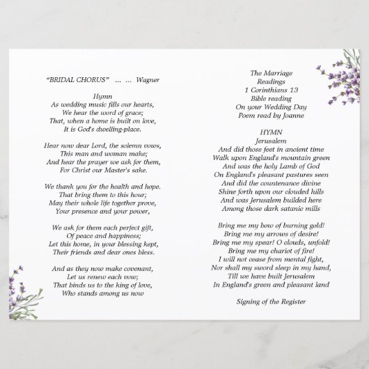 programma van de lavender floral bruiloft (Achterkant)