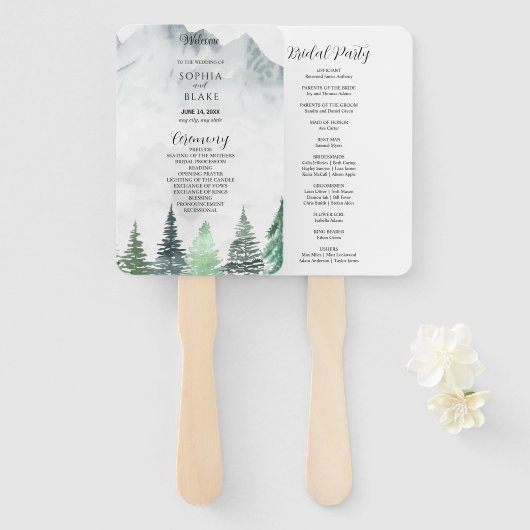 Programma voor bijtende bergen en bosbruiloft handwaaier (Voorkant en achterkant)