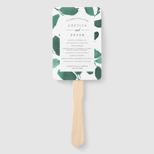 programma voor botanische bruiloft | Emerald Handwaaier (Voorkant)