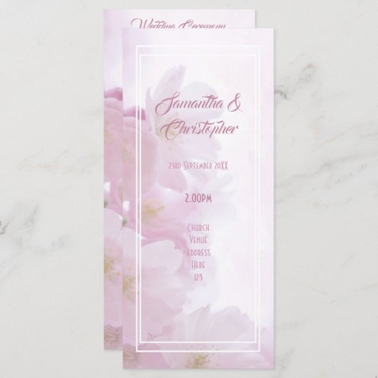 Programma voor bruiloft van de Roze bloemenkrokerk Programmakaart (Voorkant / Achterkant)