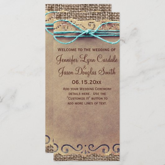 Programma voor  Burlap Wedding in Rustisch land Programmakaart (Voorkant / Achterkant)