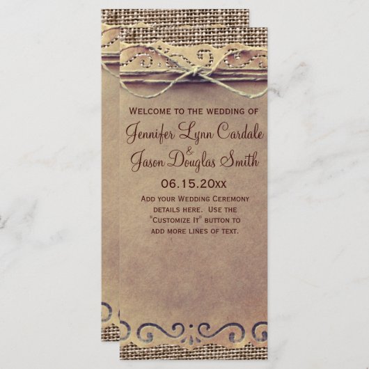 Programma voor  Burlap Wedding in Rustisch land Programmakaart (Voorkant / Achterkant)