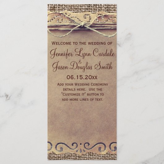 Programma voor  Burlap Wedding in Rustisch land Programmakaart (Voorkant)