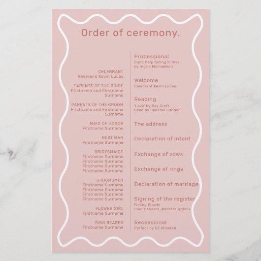 Programma voor ceremonie bij roze en witte wavy Bo (Achterkant)