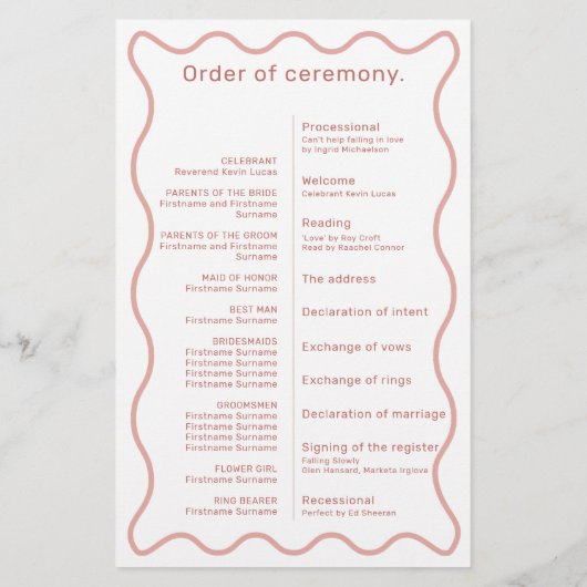 Programma voor ceremonie bij roze en witte wavy Bo (Achterkant)