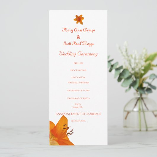 Programma voor de bruiloft van Oranje Asiatic Lily Programmakaart (Staand voorkant)