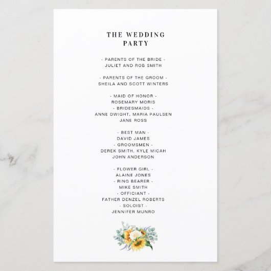 programma voor de bruiloft van rustige zonnebloeme (Achterkant)