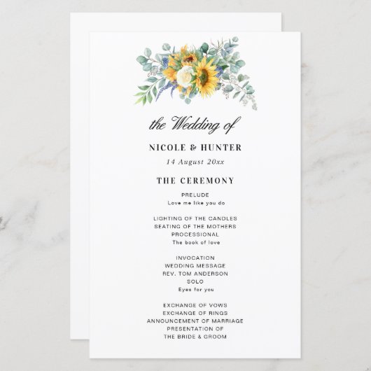 programma voor de bruiloft van rustige zonnebloeme (Voorkant / Achterkant)