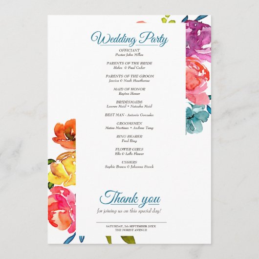 programma voor donkerzomerkleurige turkooizen programmakaart (Achterkant)