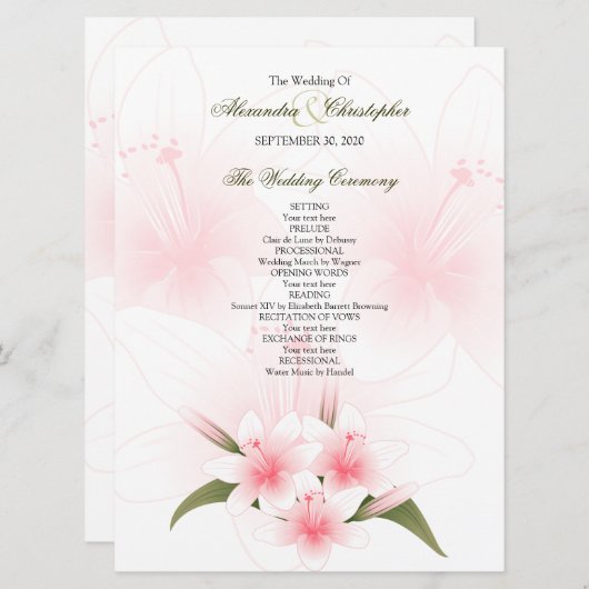 Programma voor het binden van roze en witte gelili programmakaart (Voorkant / Achterkant)