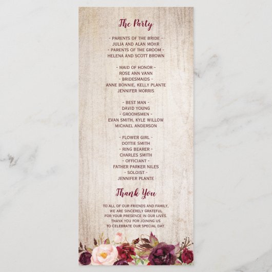 Programma voor het huwelijk tussen burgundy's en R Programmakaart (Achterkant)