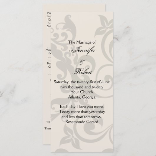 Programma voor het huwelijk van Charcoal en Ivory  Programmakaart (Voorkant / Achterkant)