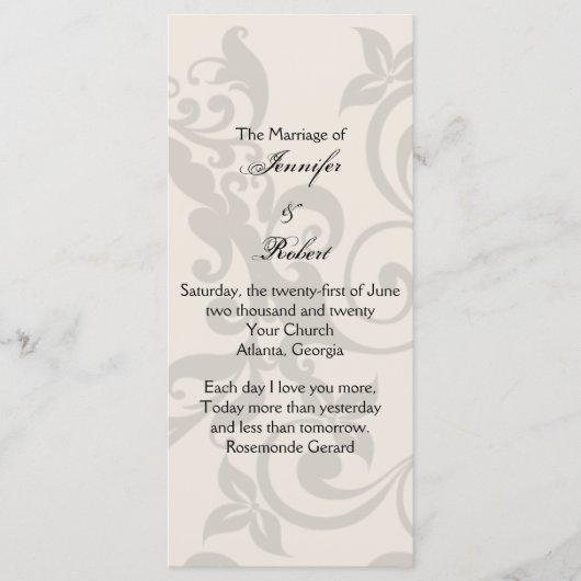 Programma voor het huwelijk van Charcoal en Ivory  Programmakaart (Voorkant)