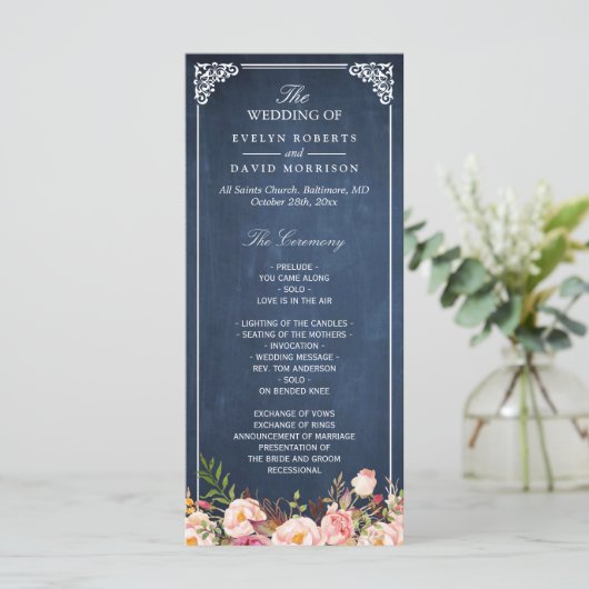  programma voor het huwelijk van Floral Blue Chalk Programmakaart (Staand voorkant)