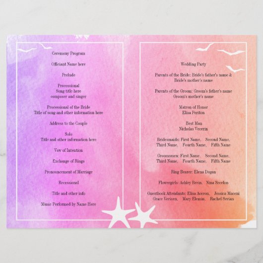 Programma voor het strandbruiloft van roze en paar (Achterkant)