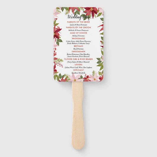 Programma voor kerstbruiloft in Red Poinsettia Handwaaier (Achterkant)