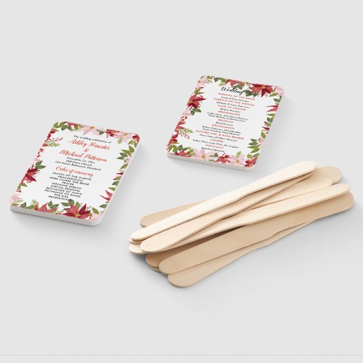 Programma voor kerstbruiloft in Red Poinsettia Handwaaier (Niet-gemonteerd)