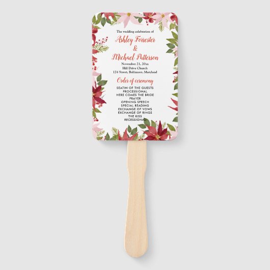 Programma voor kerstbruiloft in Red Poinsettia Handwaaier (Voorkant)