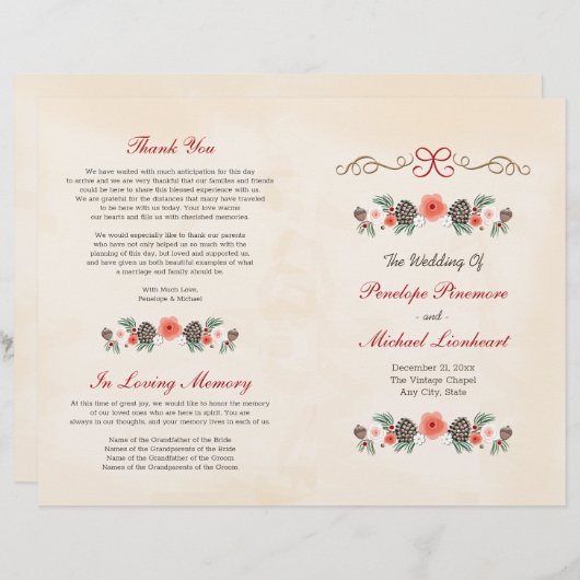 programma voor kerstbruiloft met Floral Pine (Voorkant / Achterkant)