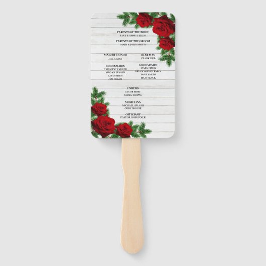 Programma voor kerstbruiloft met rode rozen en pij handwaaier (Achterkant)