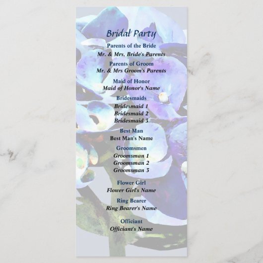 Programma voor kleine blauwe hydrangea-bruiloft programmakaart (Achterkant)