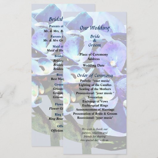 Programma voor kleine blauwe hydrangea-bruiloft programmakaart (Voorkant / Achterkant)