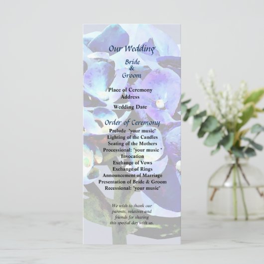 Programma voor kleine blauwe hydrangea-bruiloft programmakaart (Staand voorkant)