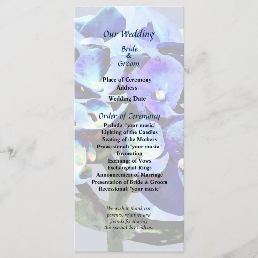 Programma voor kleine blauwe hydrangea-bruiloft programmakaart (Voorkant)