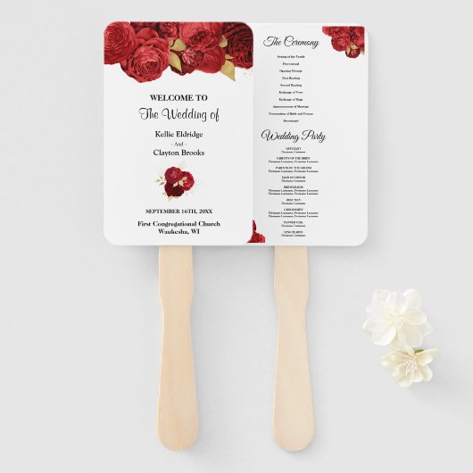 Programma voor rode en goudbloedige bruiloft handwaaier (Voorkant en achterkant)