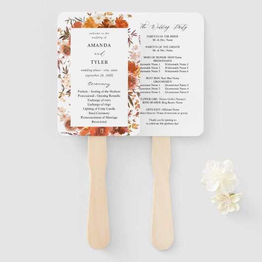 Programma voor rode en Oranje Floral Wedding Handwaaier (Voorkant en achterkant)
