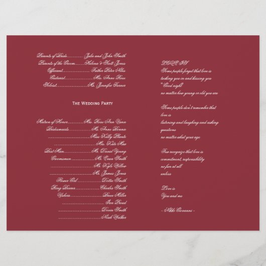 Programma voor rode en witte winterbruiloft (Achterkant)