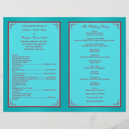 Programma voor rode, Turquoise Floral Wedding (Achterkant)