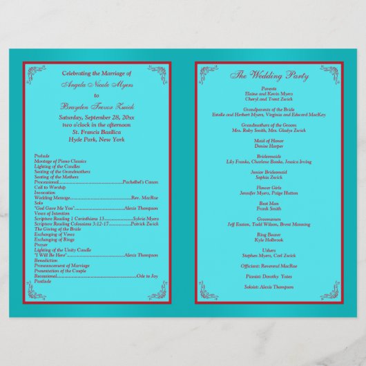 Programma voor rode, Turquoise Floral Wedding Flyer (Achterkant)